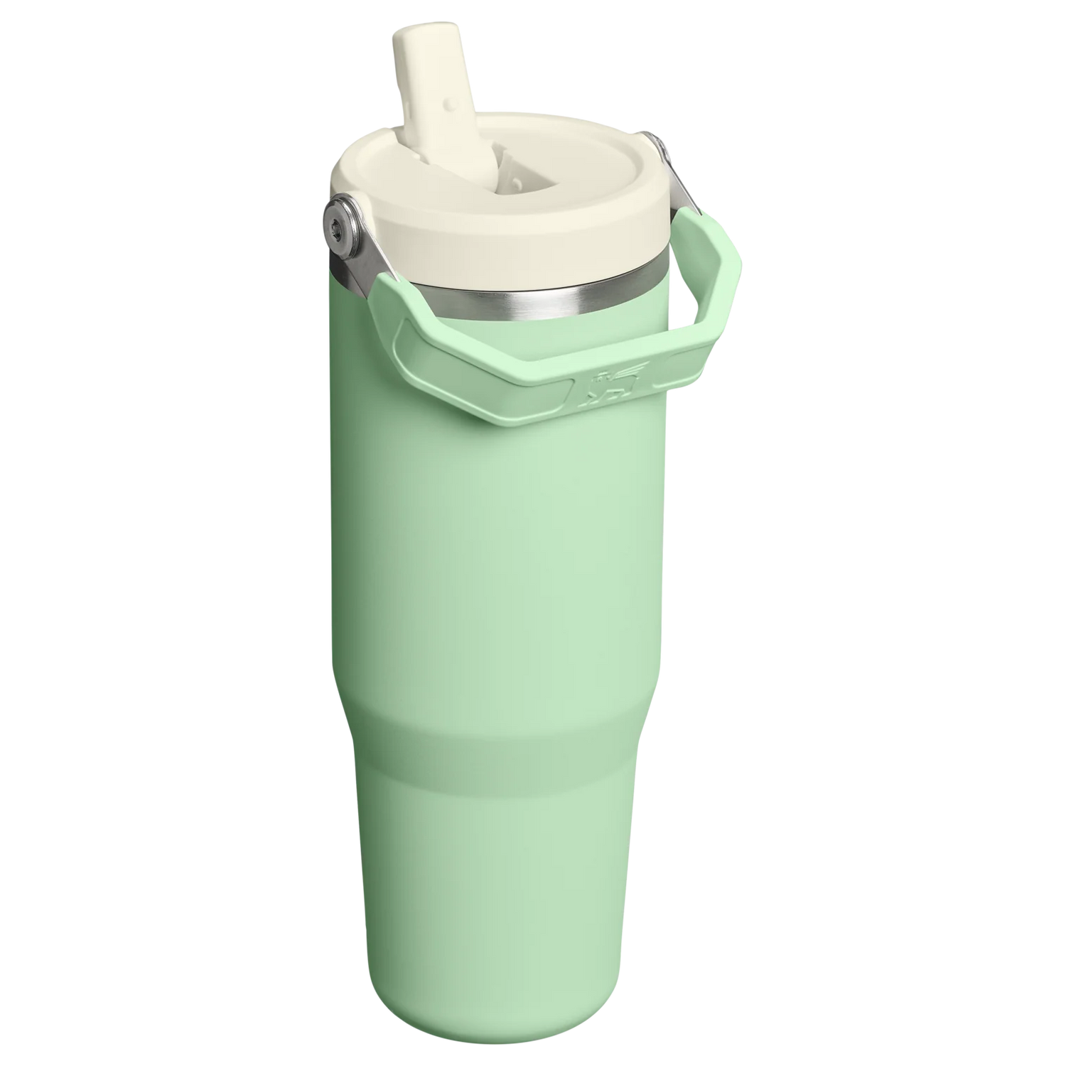 Green water bottle with a white lid and straw on a white background