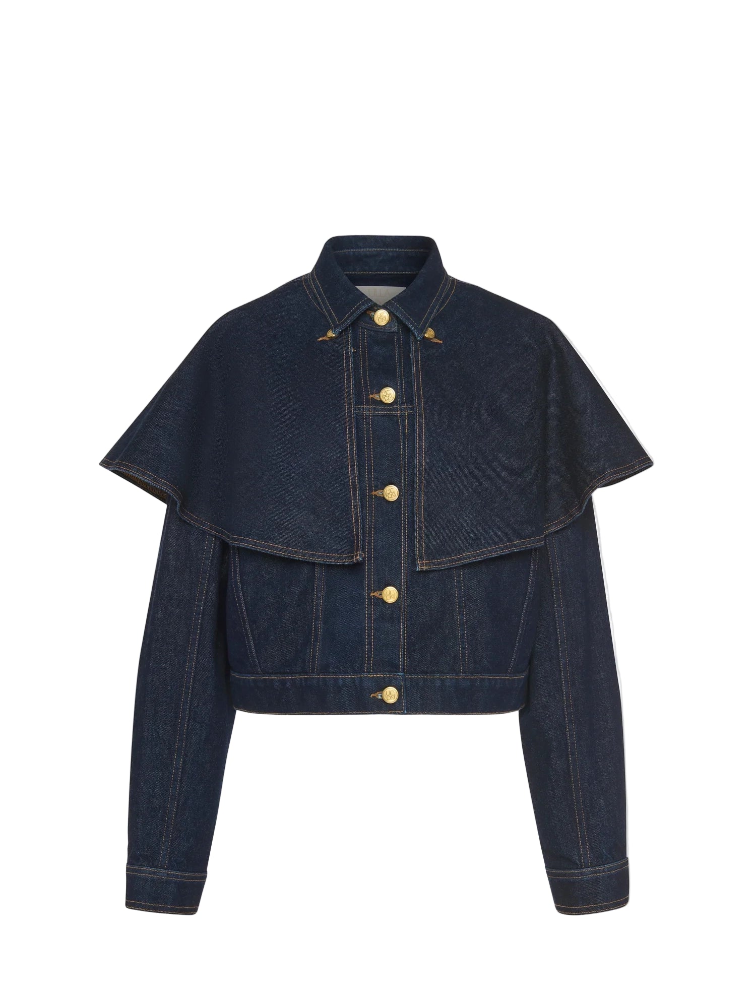 Denim jacket with cape detail on a white background