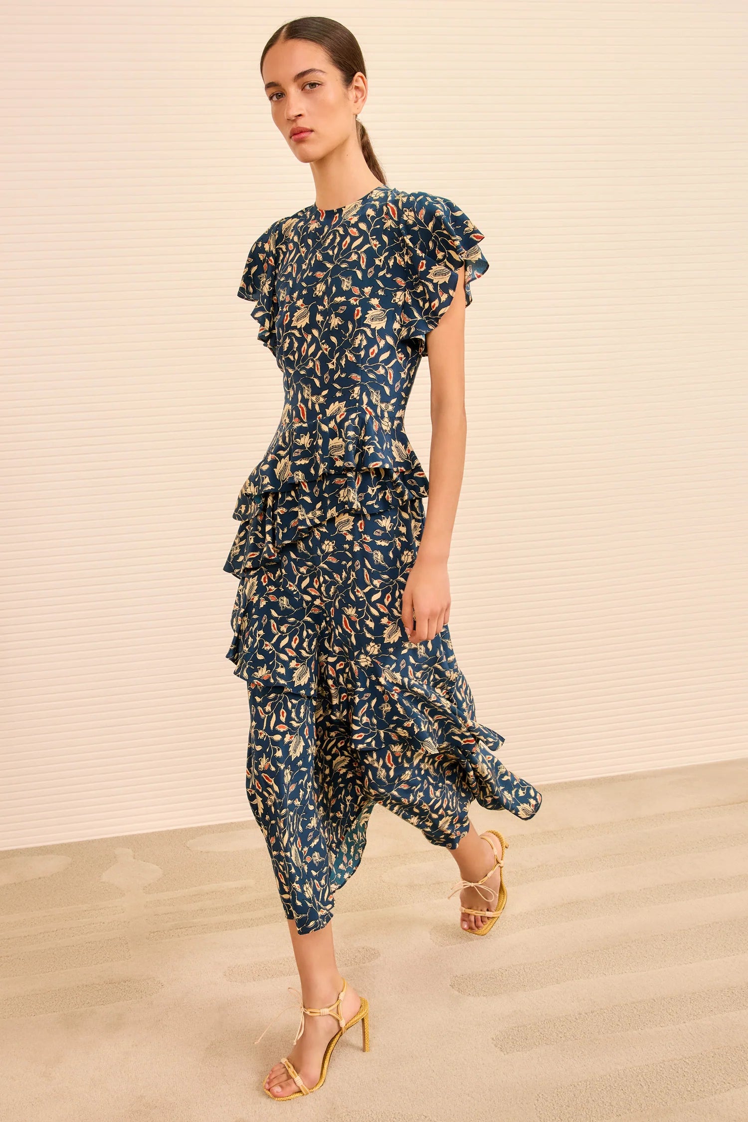 Amaia Cascading ruffle midi dress, navy-floral print