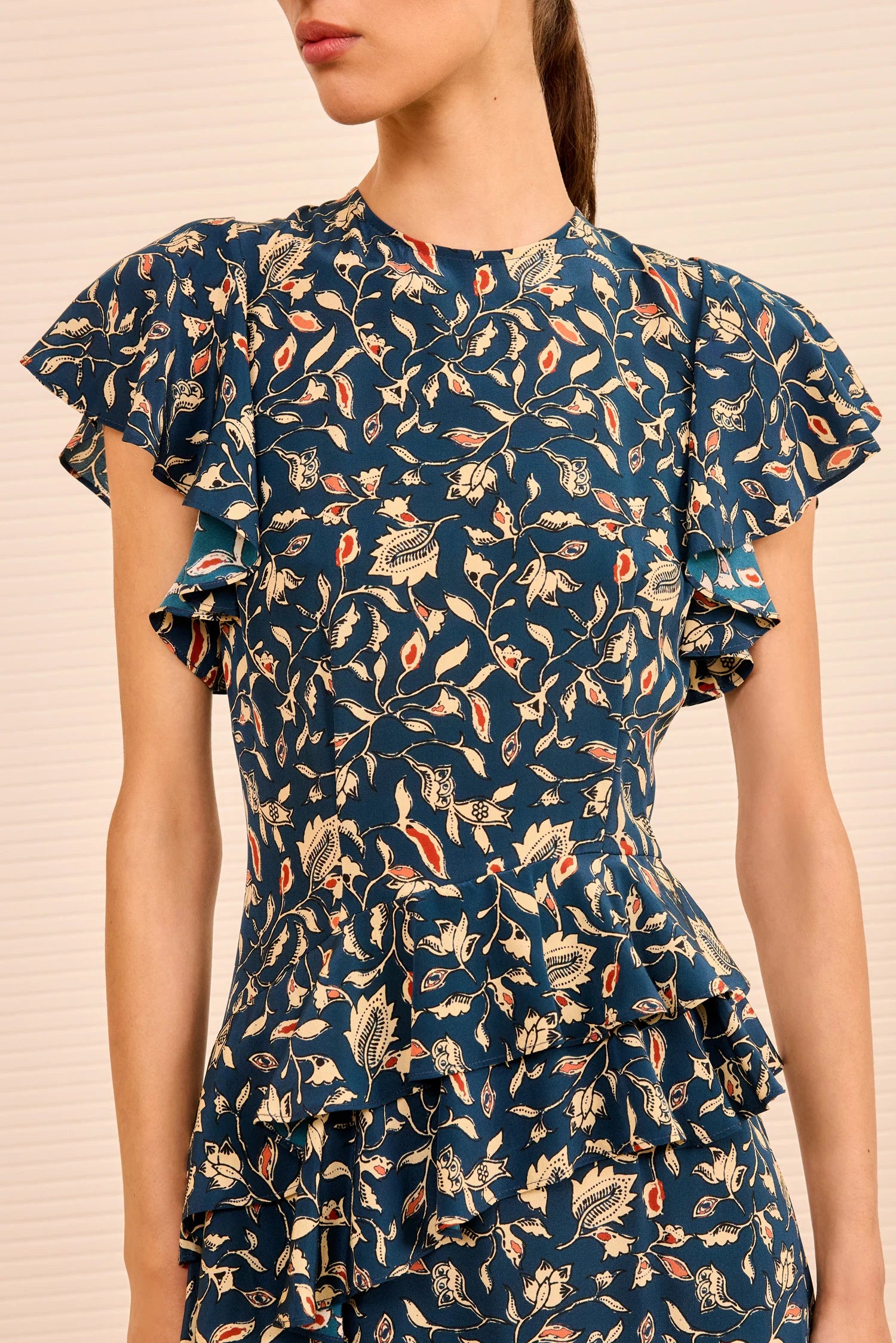 Amaia Cascading ruffle midi dress, navy-floral print