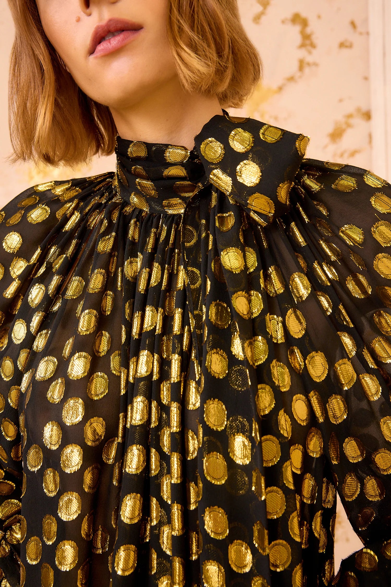 Loretta silk long sleeve minidress, black-gold