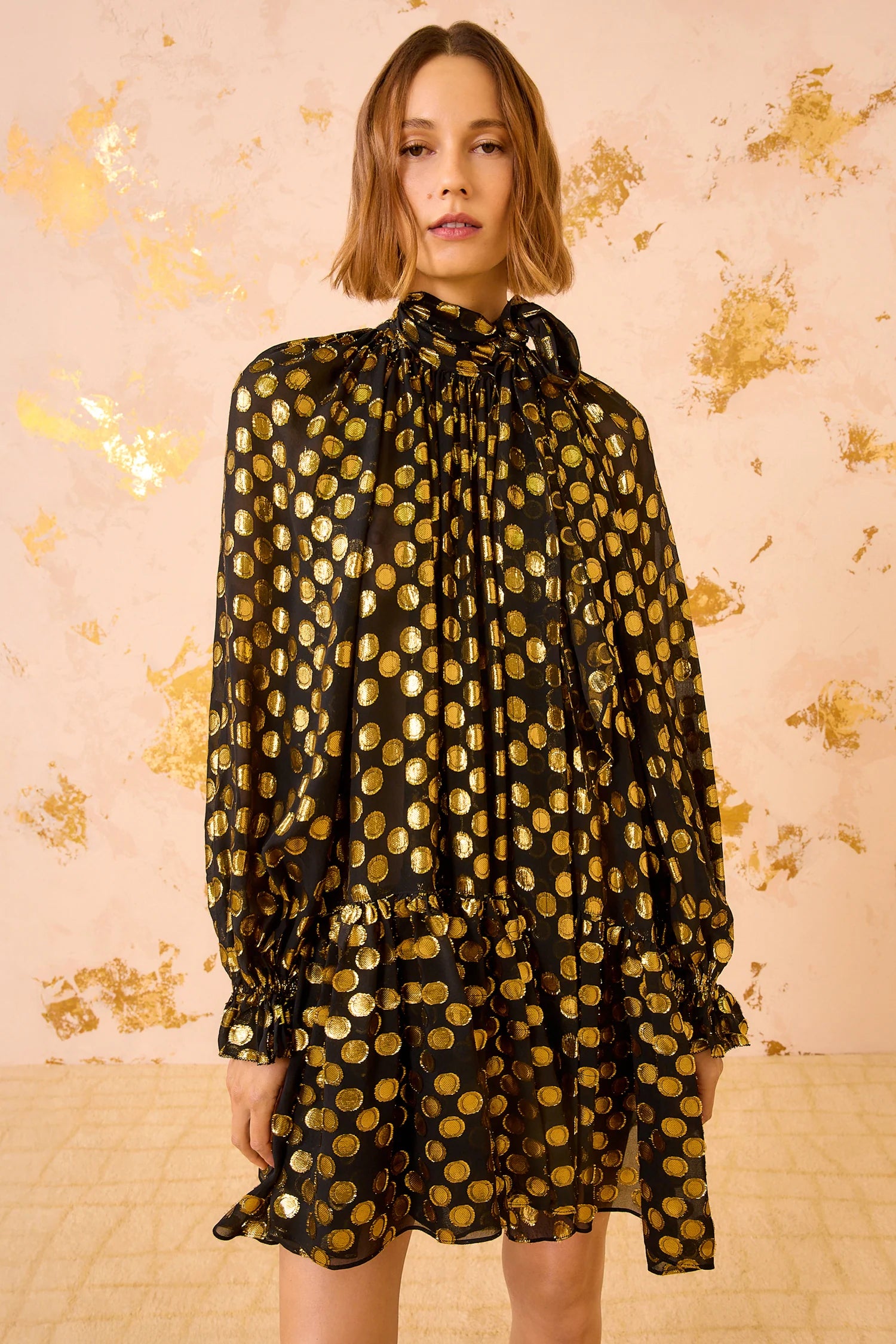 Loretta silk long sleeve minidress, black-gold