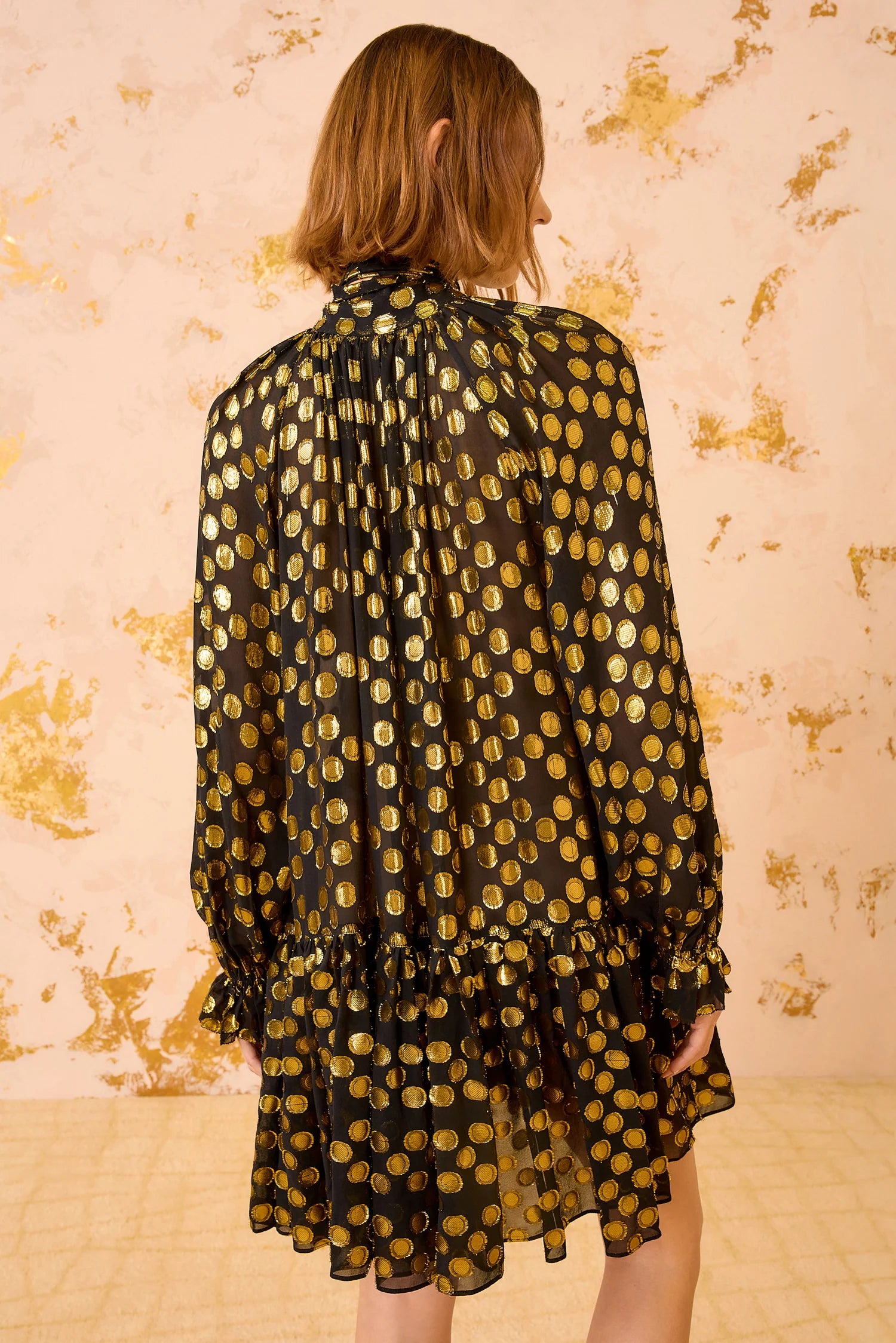 Loretta silk long sleeve minidress, black-gold