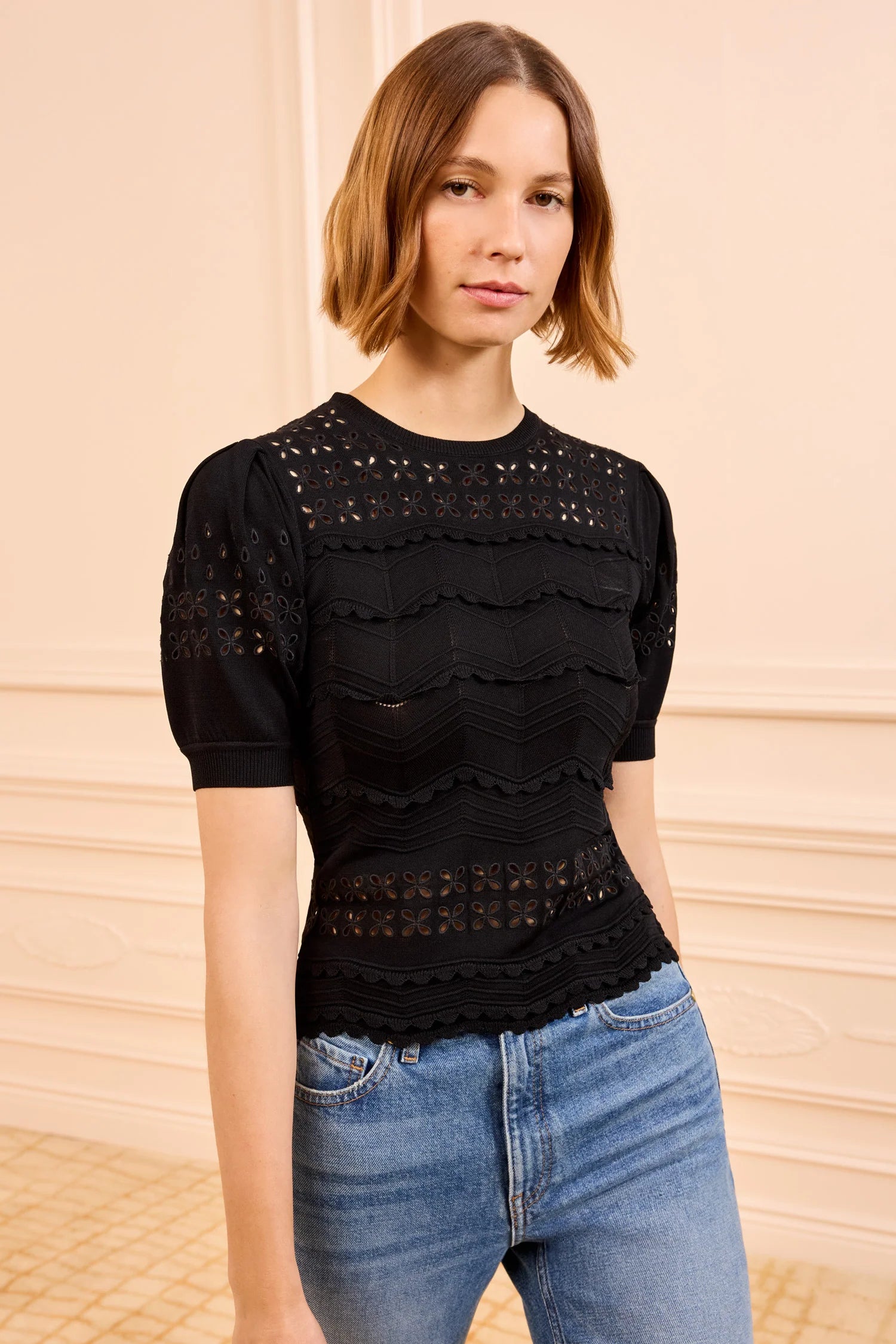 Marcelena eyelet knit top, black