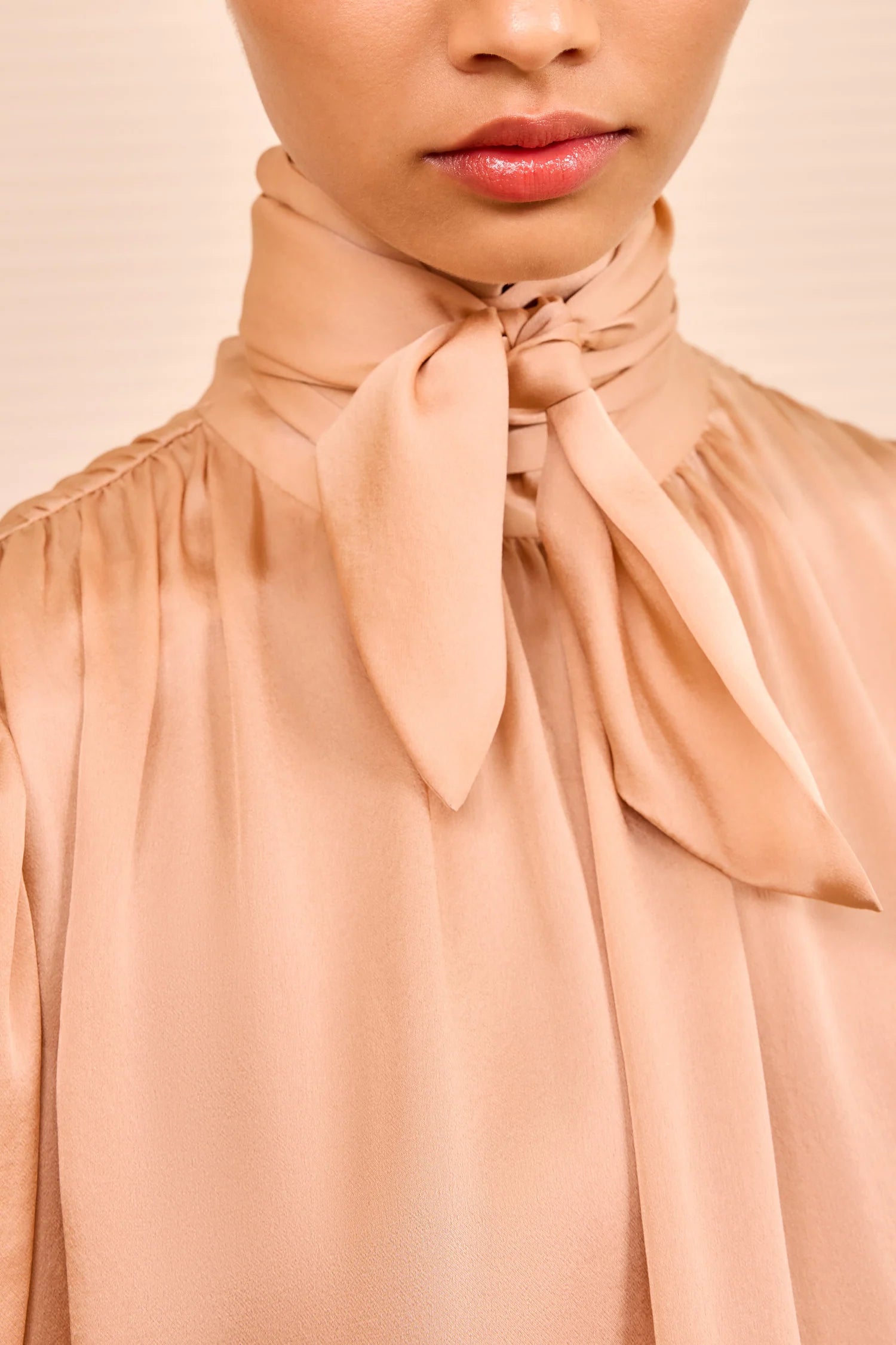 Ornament tie neck silk blouse, peachy sand