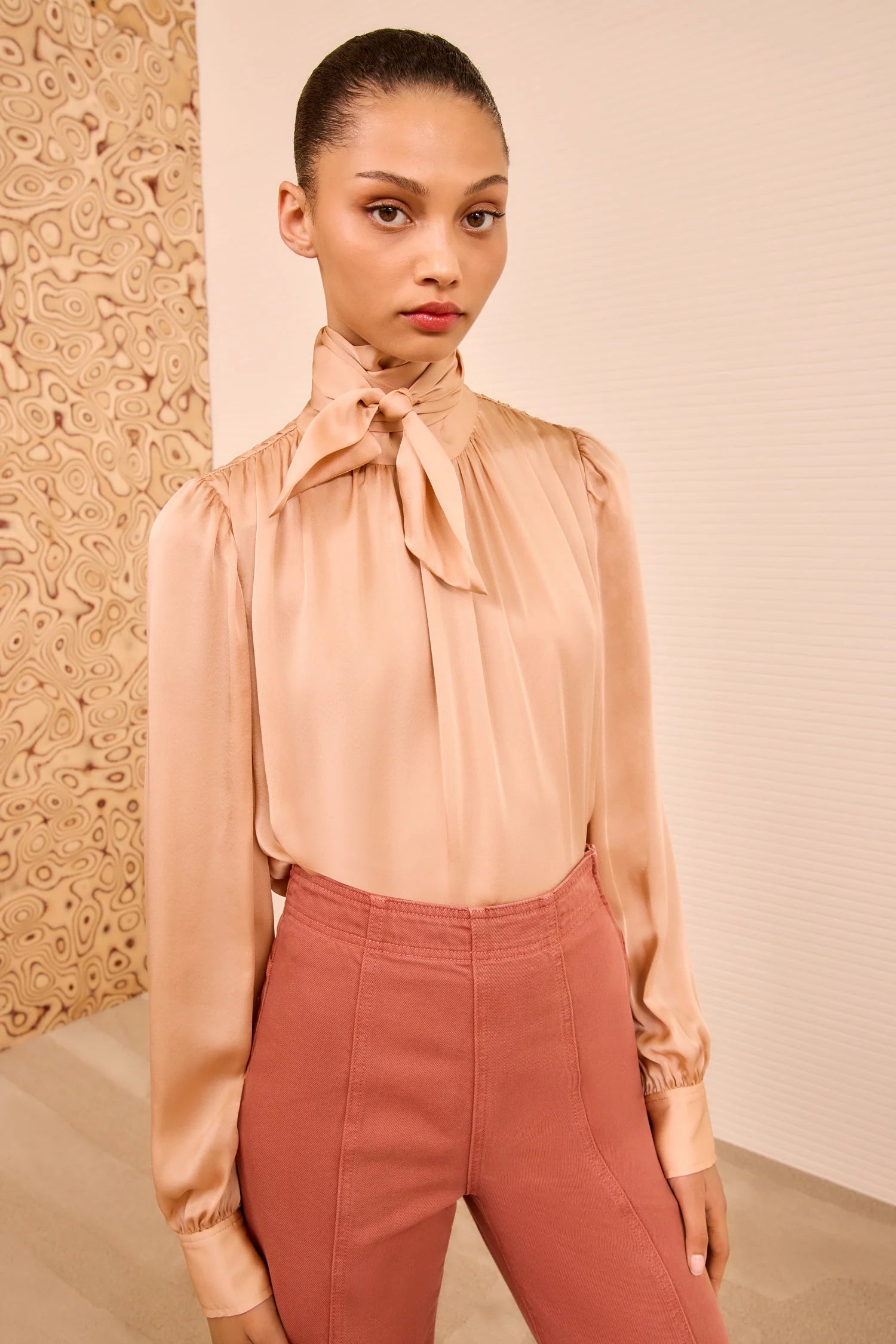 Ornament tie neck silk blouse, peachy sand