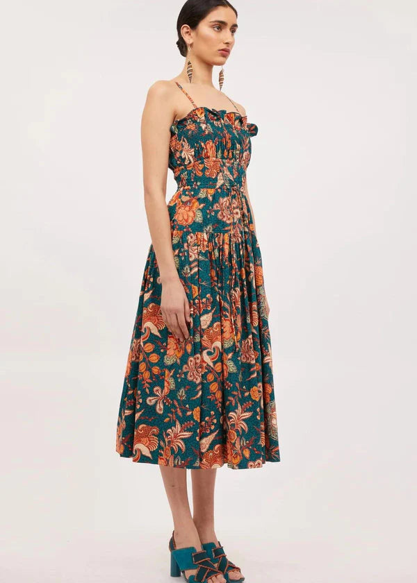 ULLA JOHNSON: Lisbet poplin strap dress, turquoise hibiscus print 