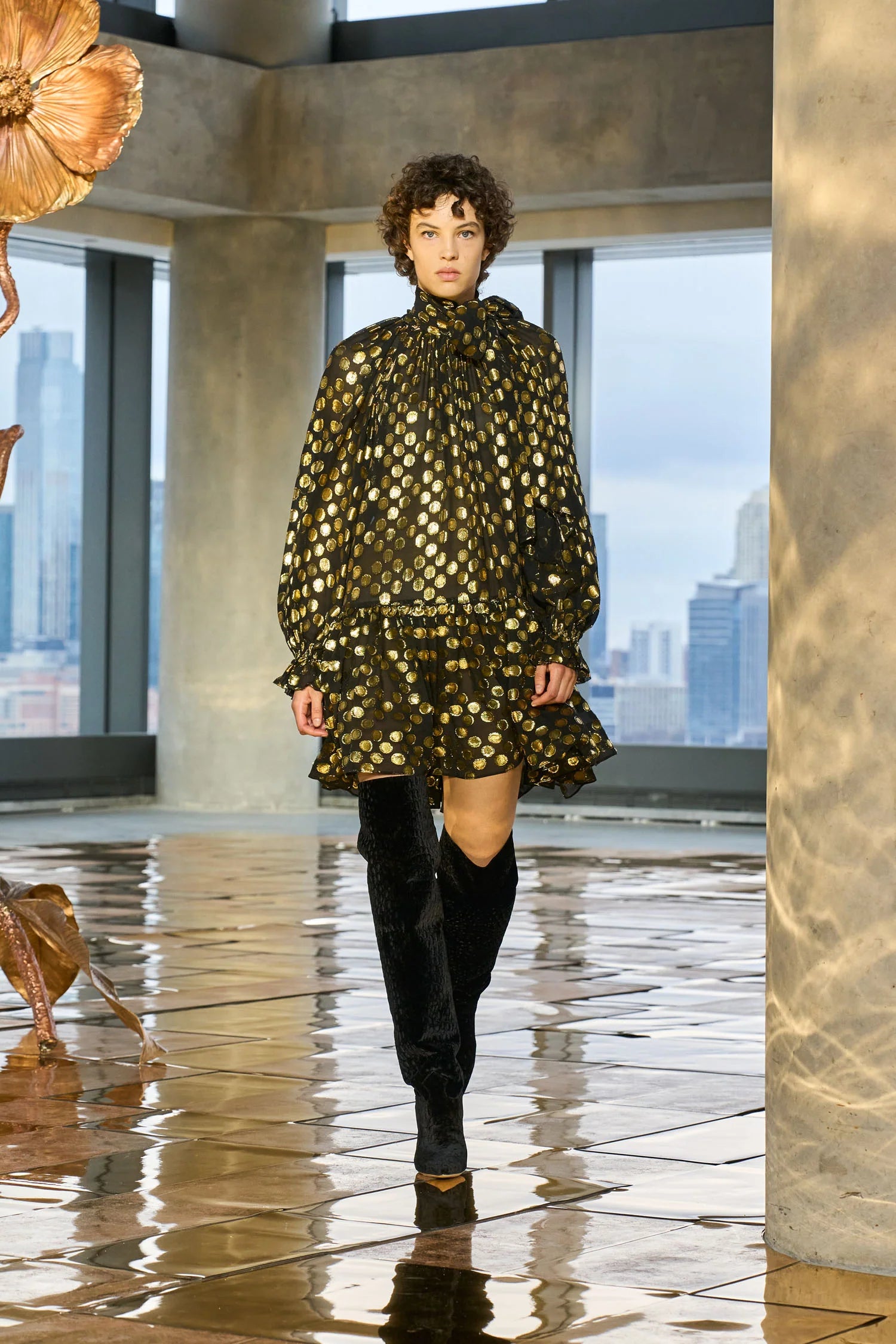 Loretta silk long sleeve minidress, black-gold