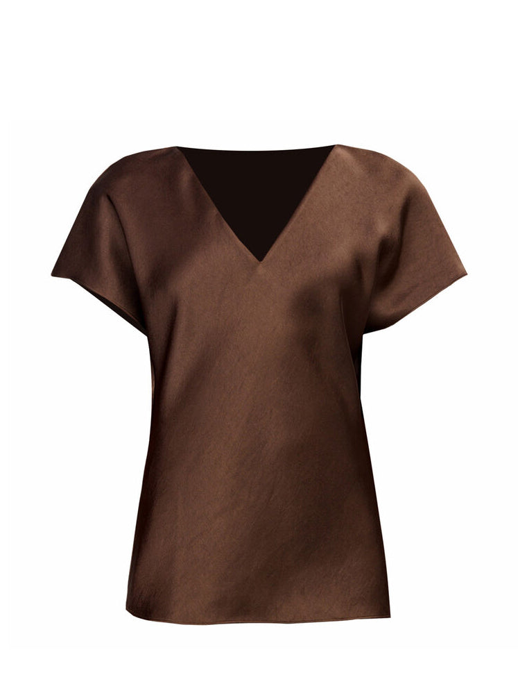 Cap Sleeve V-Neck Blouse, Brown