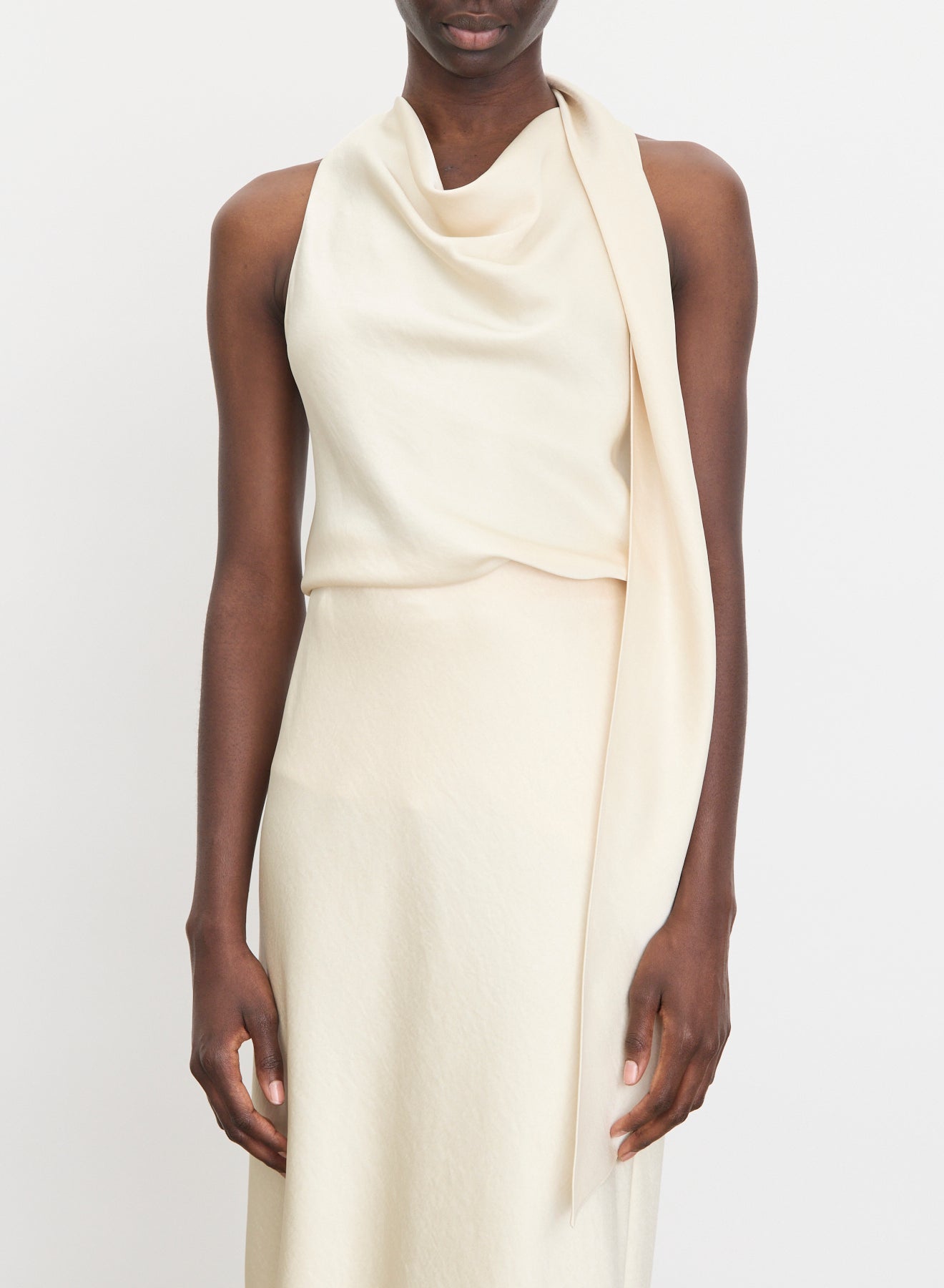 Fluid satin scarf top, cream