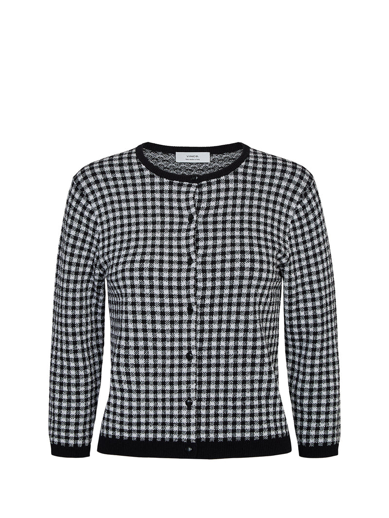 Gingham 3/4 sleeve knitted cardigan, black/white