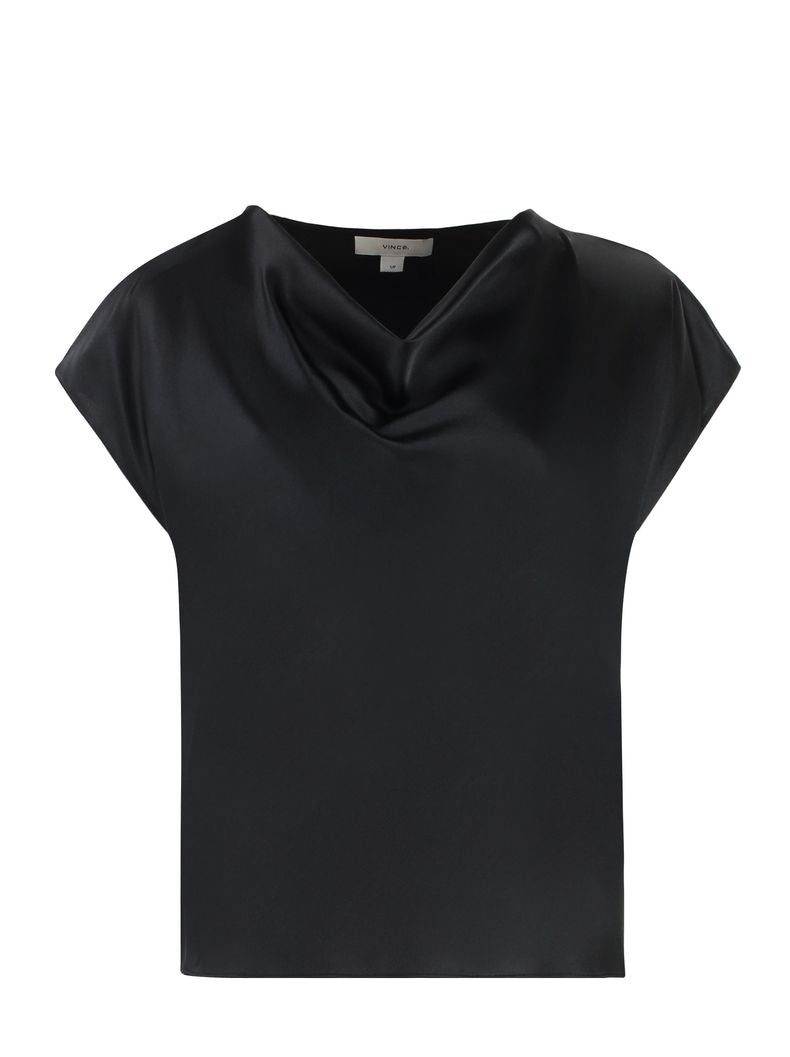 Cowl neck cap sleeve blouse, black