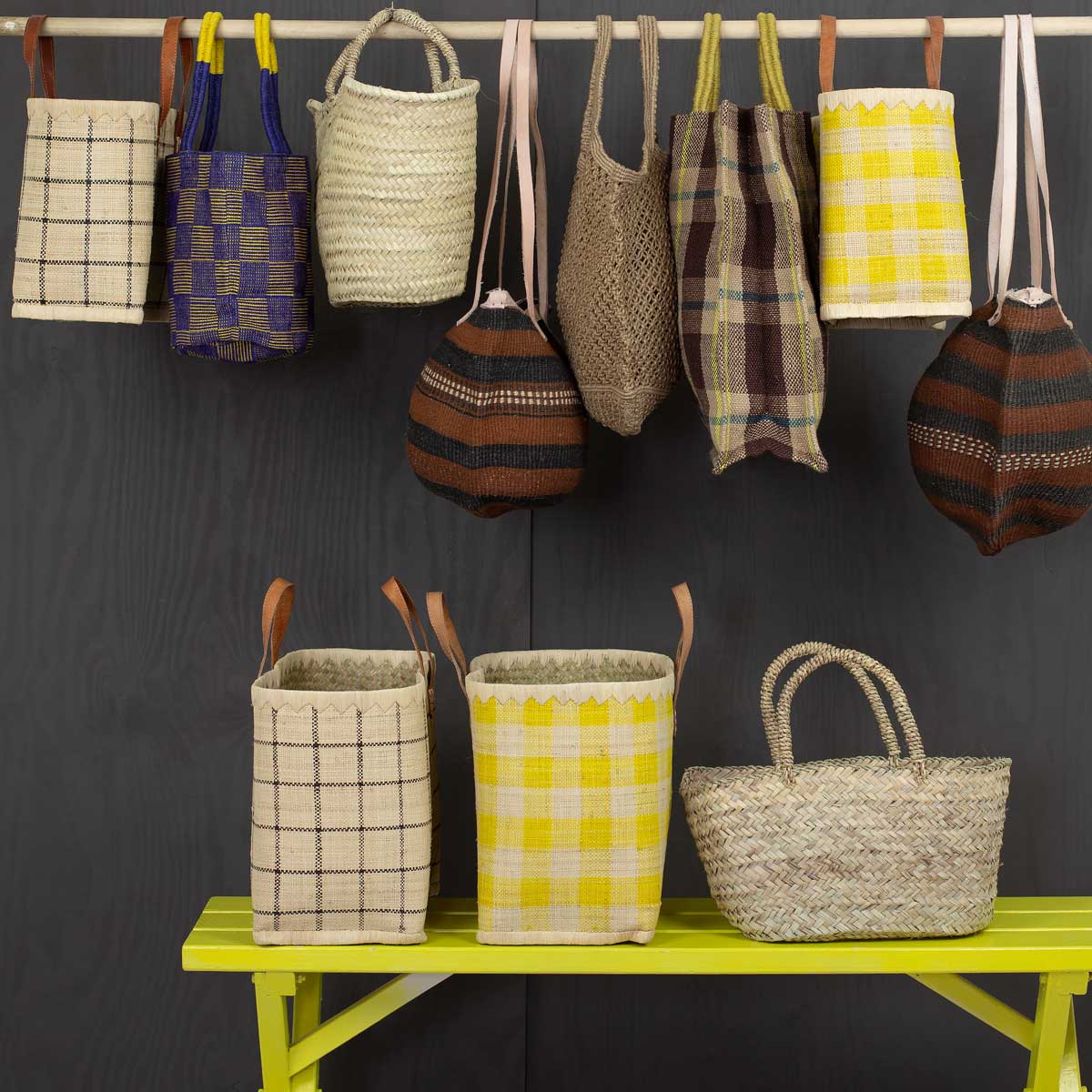 Checkered raffia bag, Yellow, 2 sizes