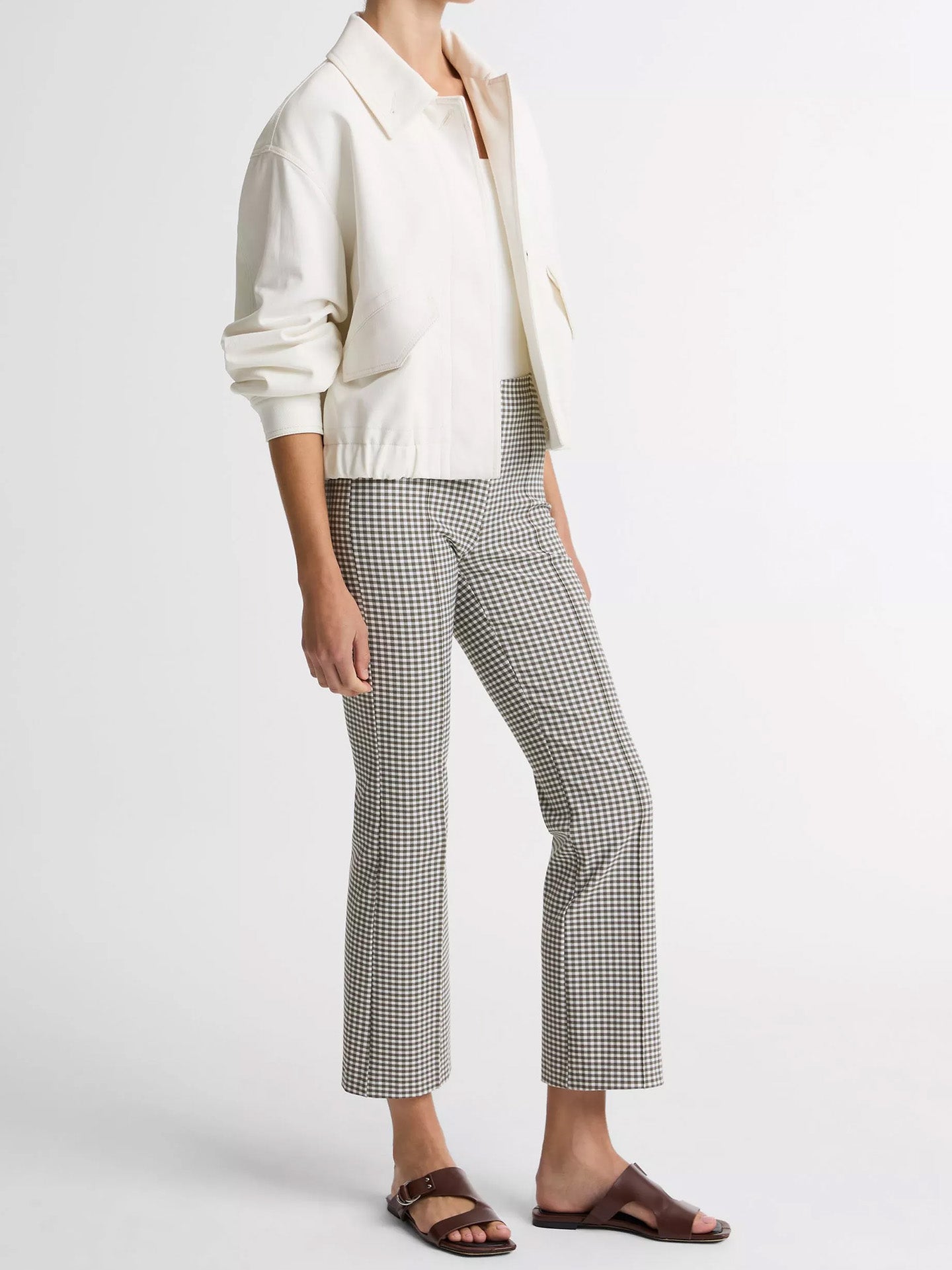 Niki mid rise gingham crop flare pants, khaki-white