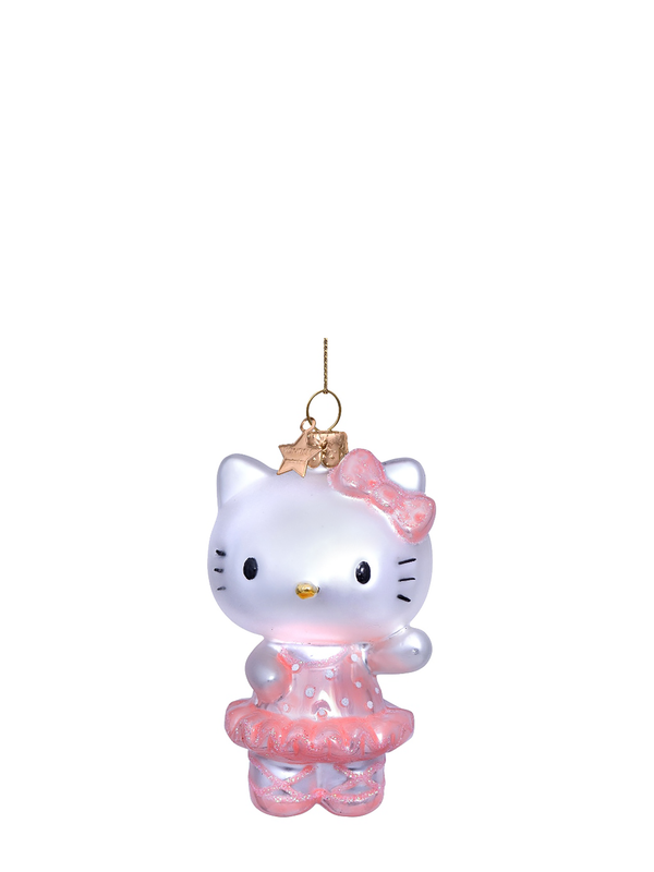 A Hello Kitty ballerina glass ornament with pink and white colors, hanging from a chain.