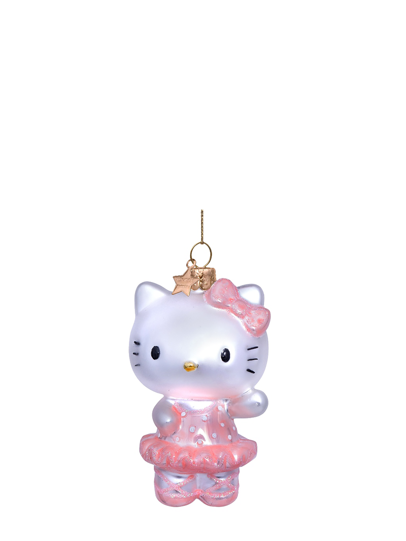 A Hello Kitty ballerina glass ornament with pink and white colors, hanging from a chain.