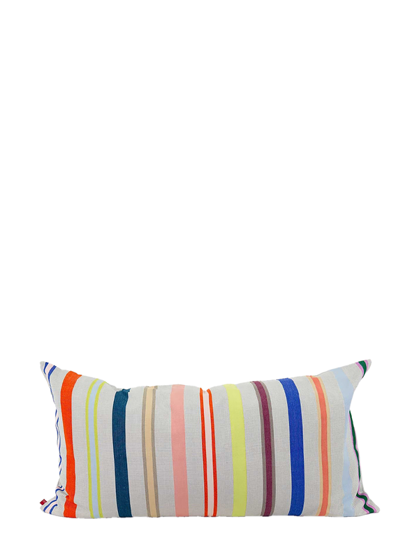 A long rectangular multicolored striped cushion cover against white backround