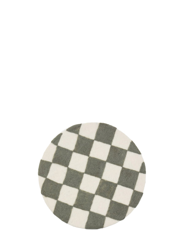 Round checkered seat pad with green tinted light grey and off-white pattern on a white background