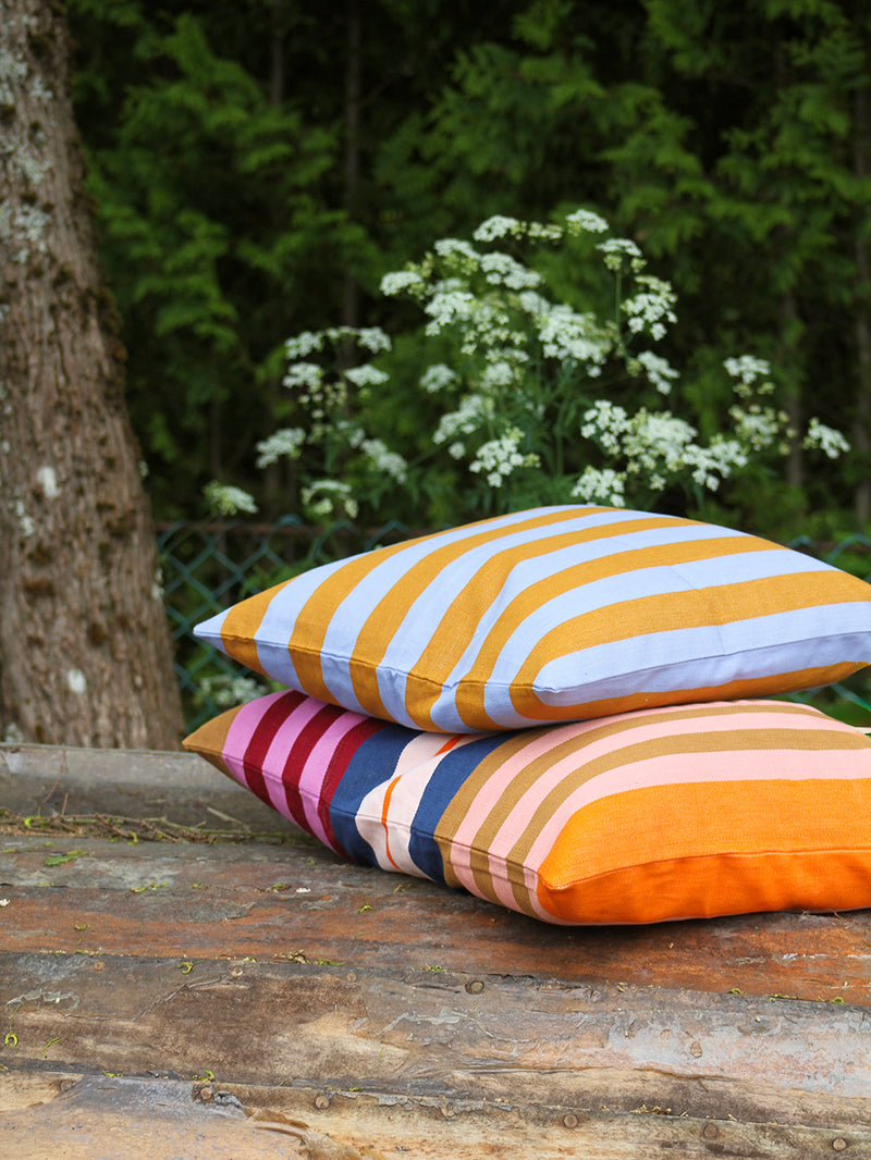 Two striped cushions on a wooden surface with a natural background