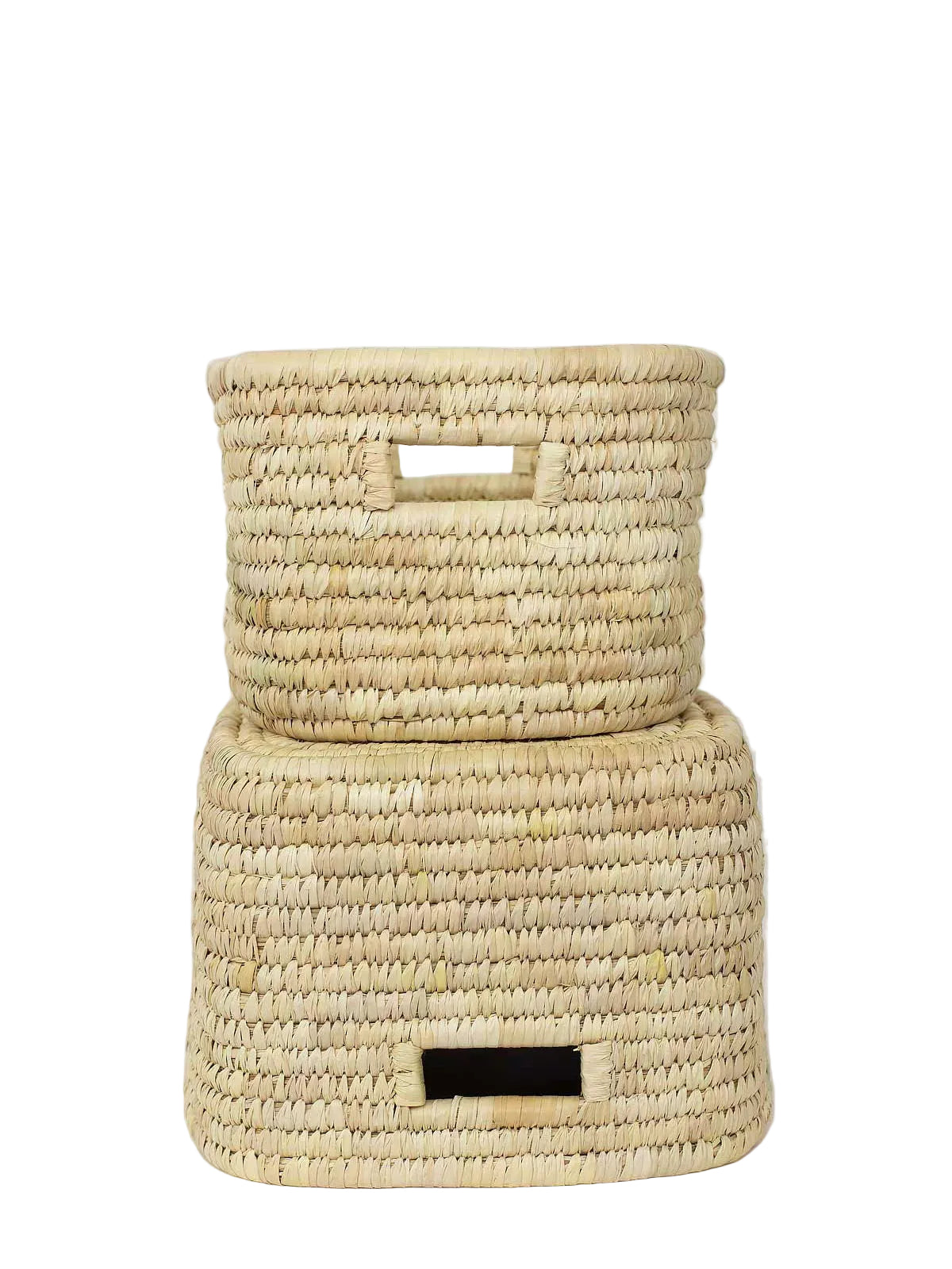 Two woven baskets stacked on a white background