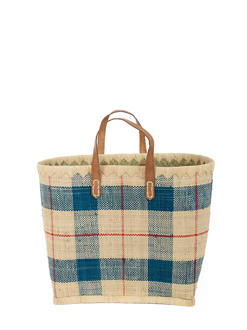 Checkered raffia tote bag with leather handles on a white background