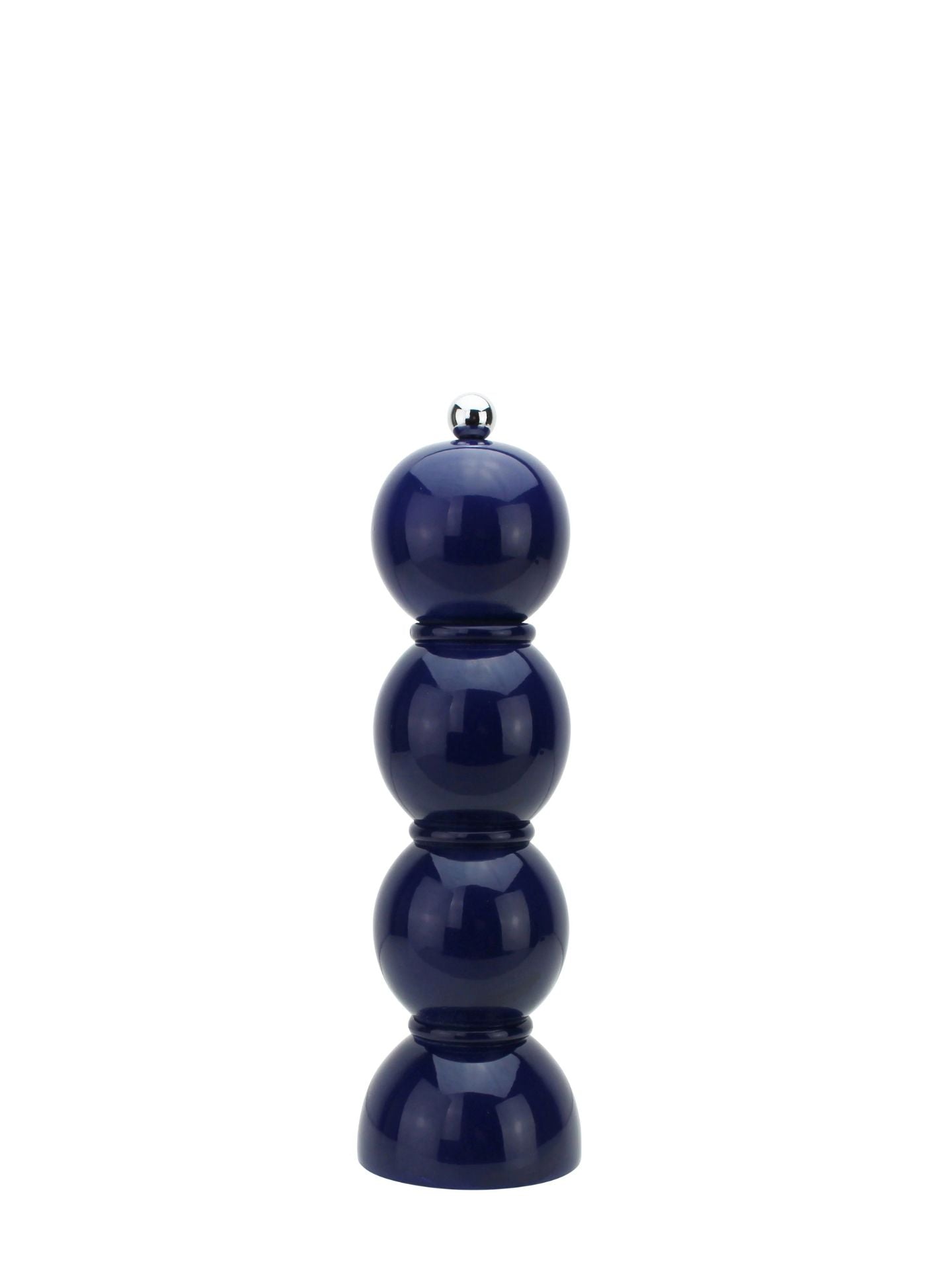 Navy blue ceramic pepper grinder on a white background