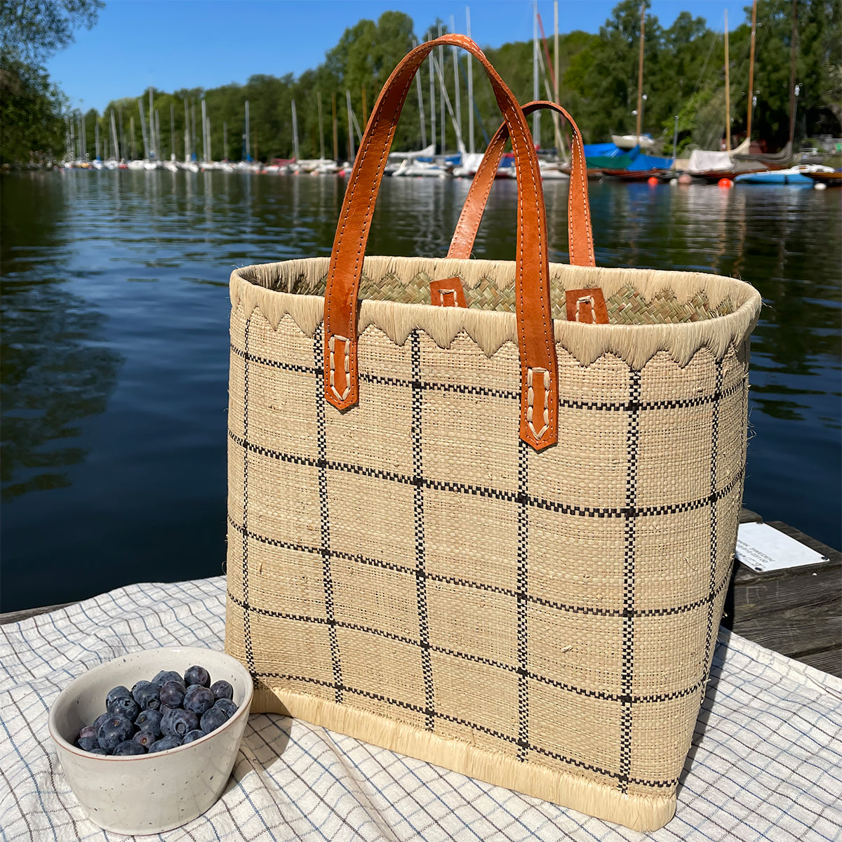 Checkered raffia bag, 2 sizes