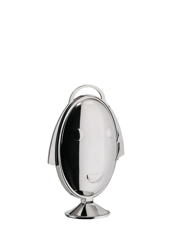A closed cake stand shows a polished silver oval face of Anna Gong with carrying loop on top of her head, shown on a plain white background