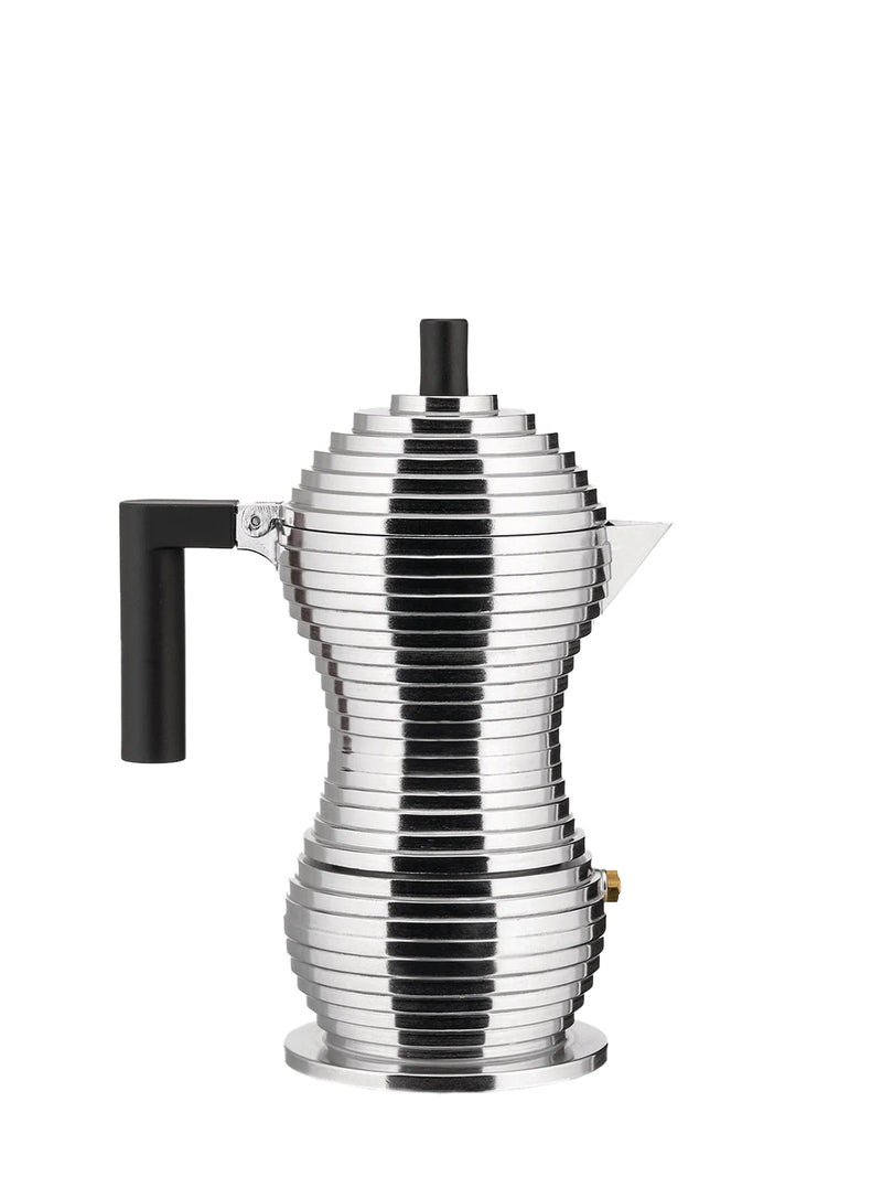 Silver and black ribbed coffee percolator on a white background