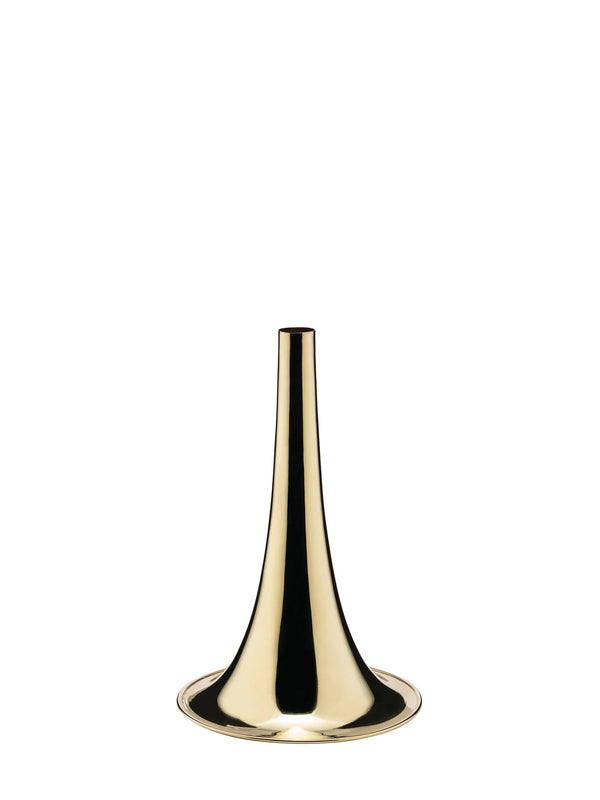 A polished gold brass horn-shaped vessel with a slim neck and rim and a flared base, shown on a solid white background.