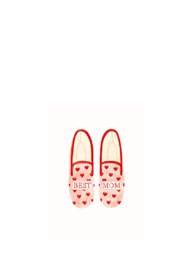 Pair of red and pink house shoes or slipper with heart decoration and 'Best' text on left shoe and and 'Mom' text on right the shoe printed on a white Mother's Day greeting card a white background
