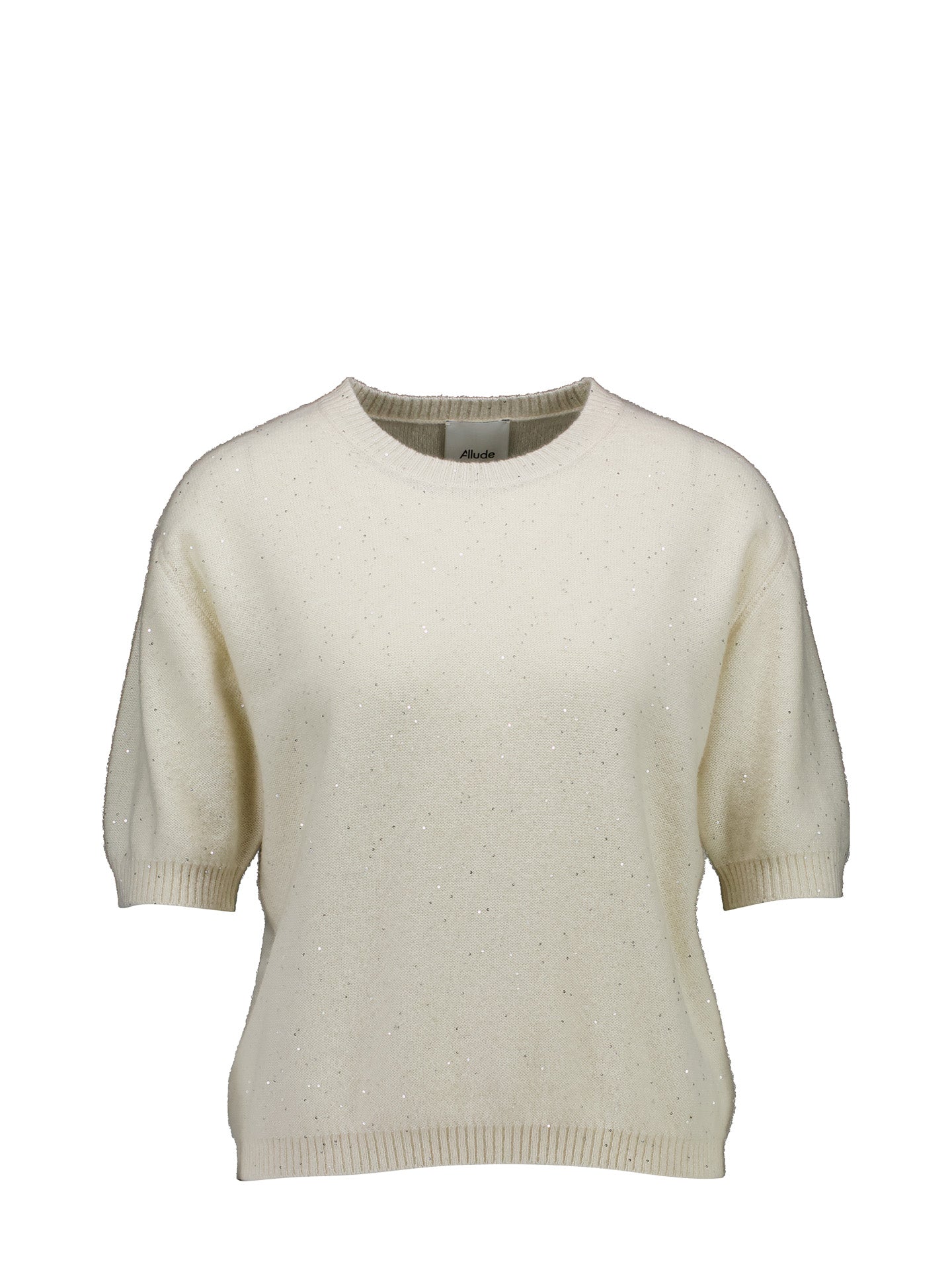 Lightly fitted off-white knit sweater with short sleeves and subtle glittery speckles, displayed against a solid white background.