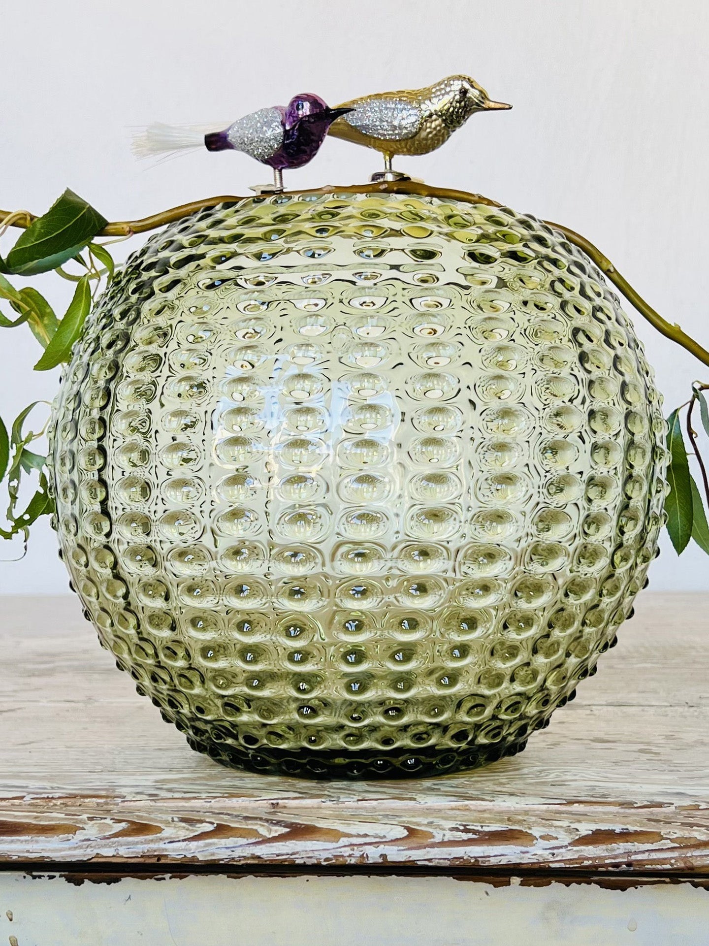 Large Globe hobnail vase, olive green (24cm)