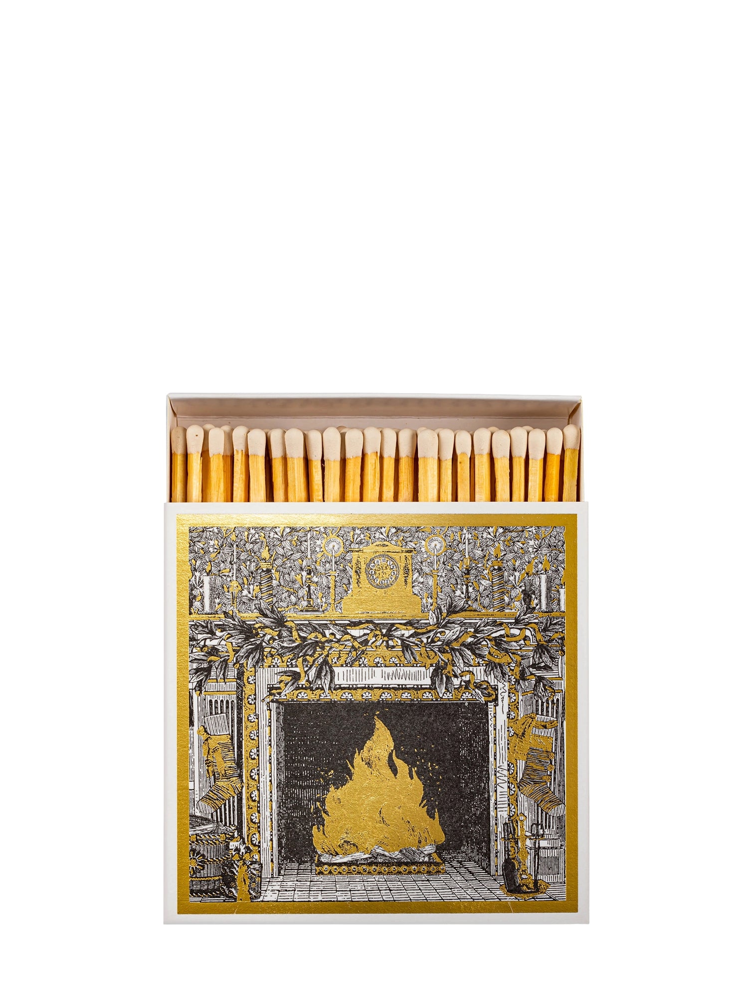 Matchbox with decorative design of a fireplace on a white background