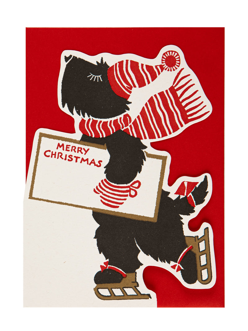 Skating scotty dog shape cut, Christmas card