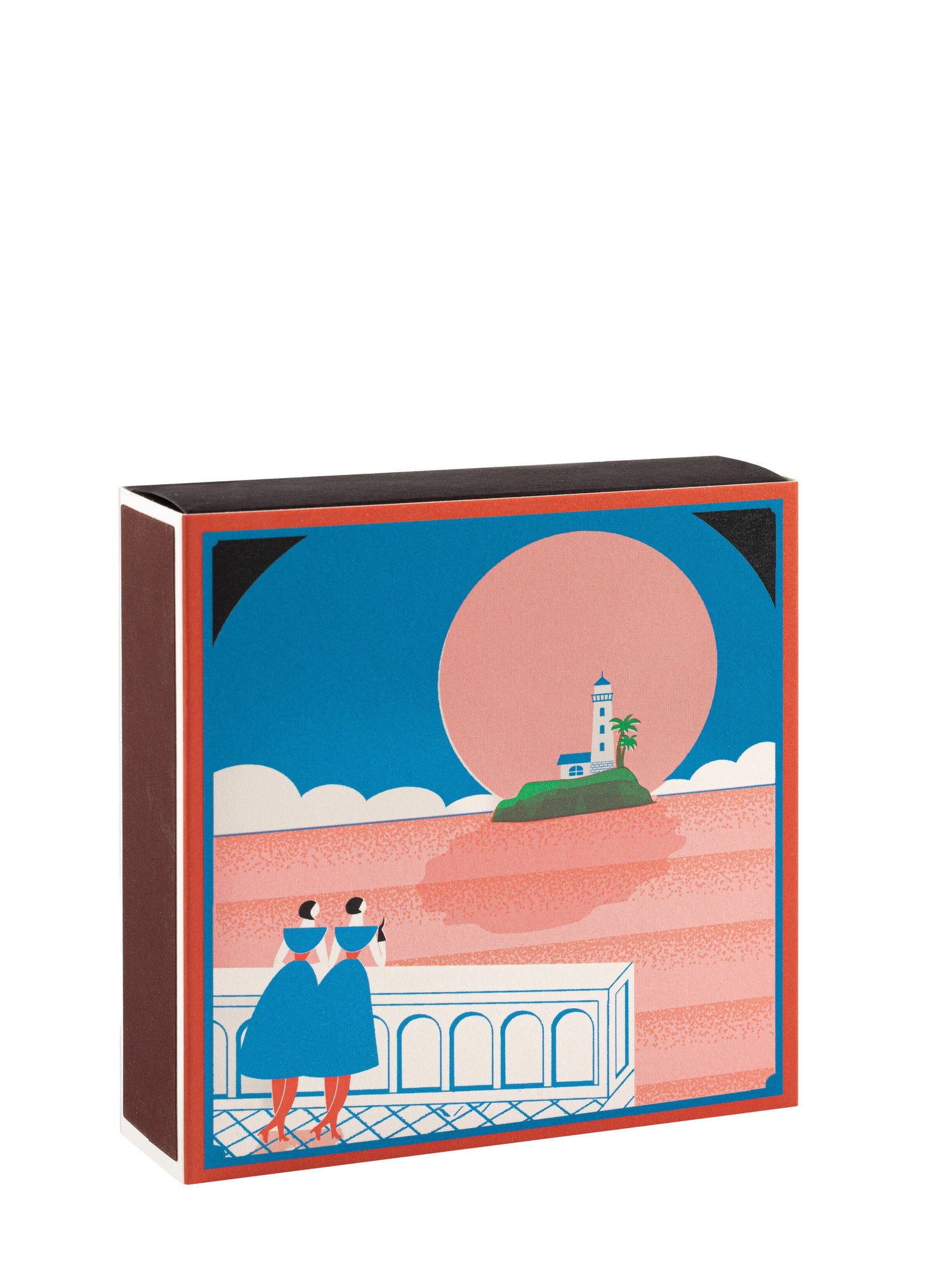 Decorative box with a design of a woman in a blue dress looking at a lighthouse on an island.