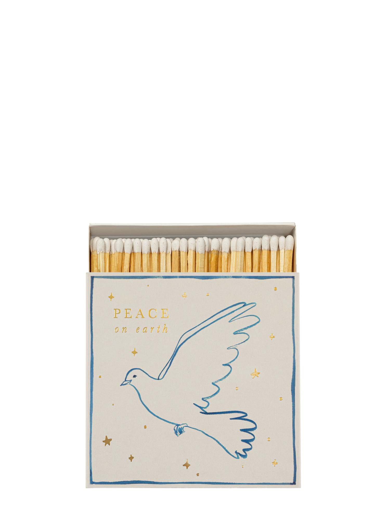 Matches with a dove design and 'Peace on Earth' text on a white background