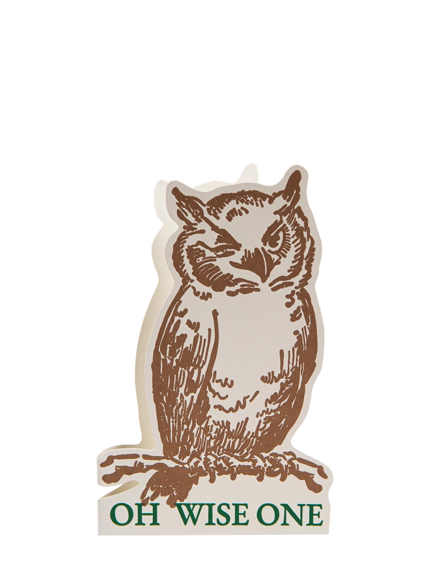 Cut to shape greeting card illustrated with brown letterpress printed owl sitting in a branch winks and 'OH WISE ONE' text on a white background