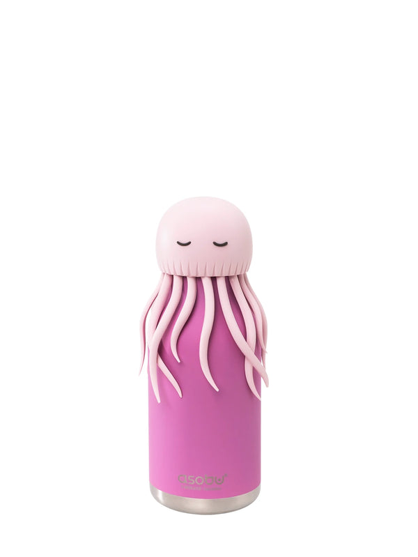 Pink octopus-shaped water bottle on a white background