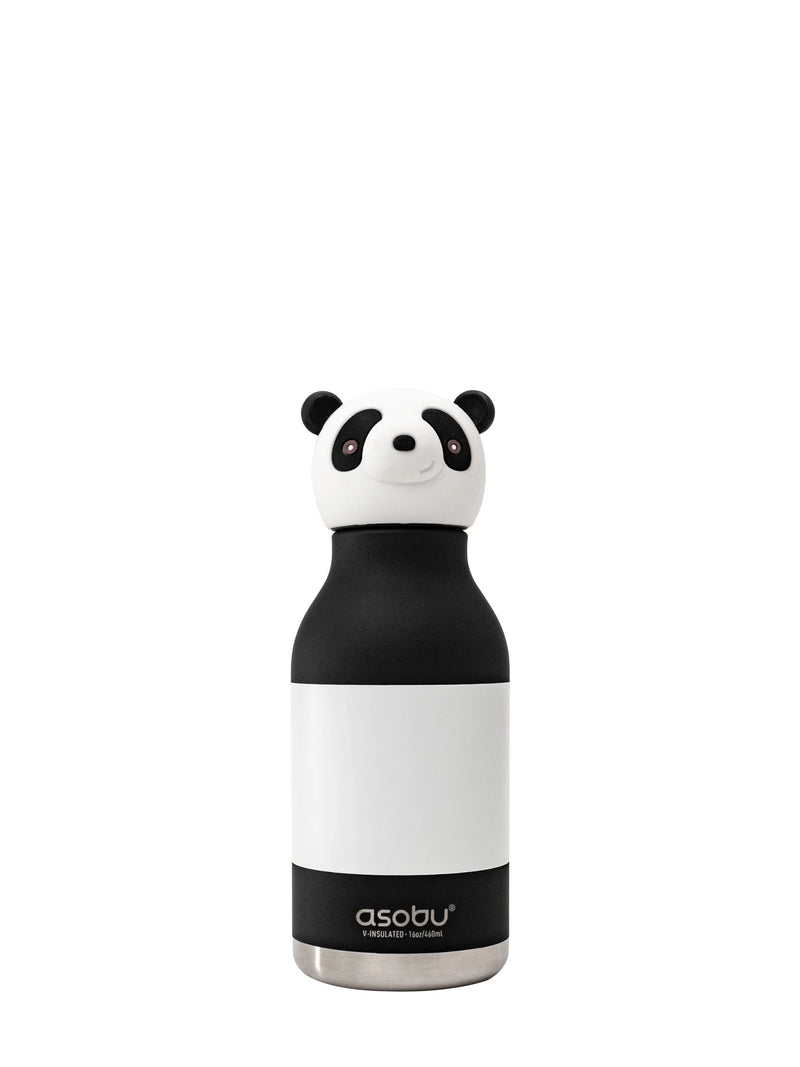 Black and white water bottle with panda design on a white background