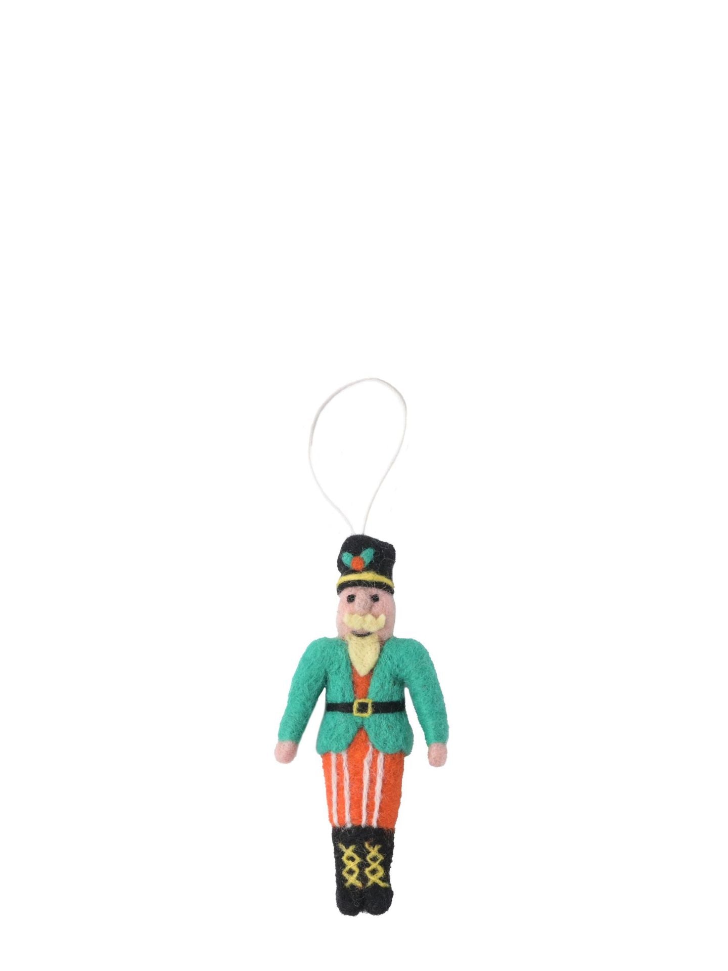 Decorative ornament of a character in a green outfit with a hat on a white background