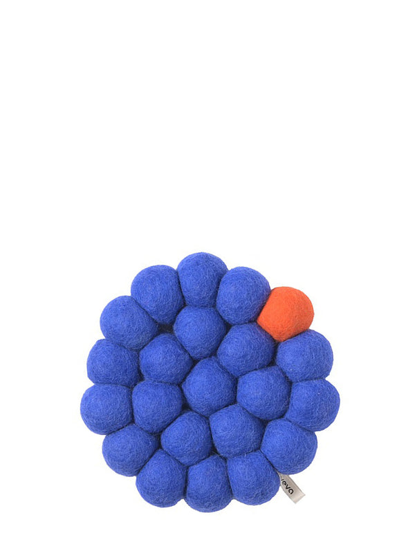 Bold round felted wool trivet, electric blue