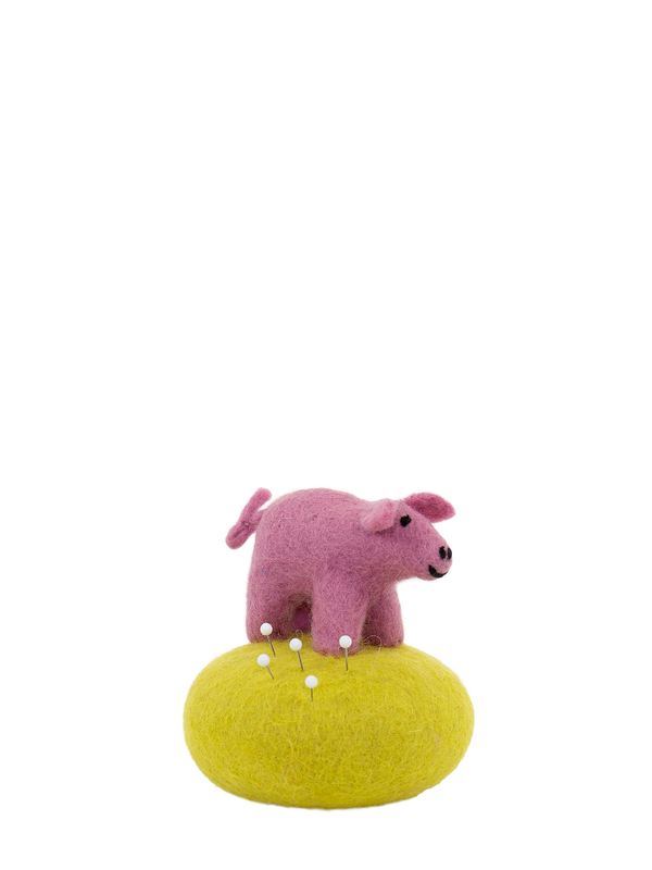 Pink felted pig on a yellow ball. Pincushion.