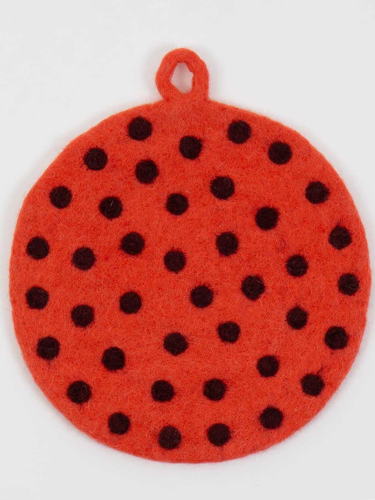 Dot felted potholder, orange/plum