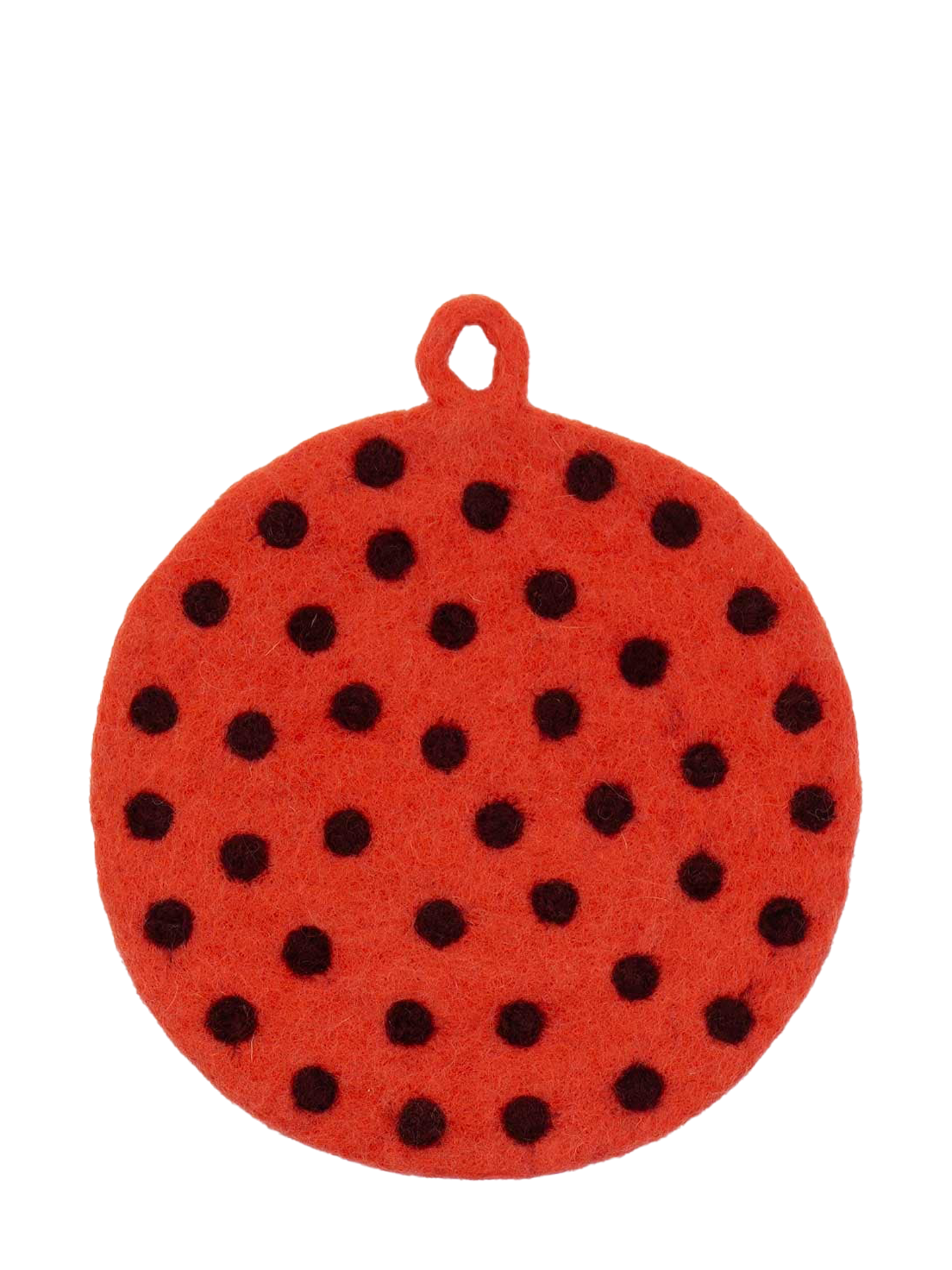 Red pot holder with black polka dots on a white background