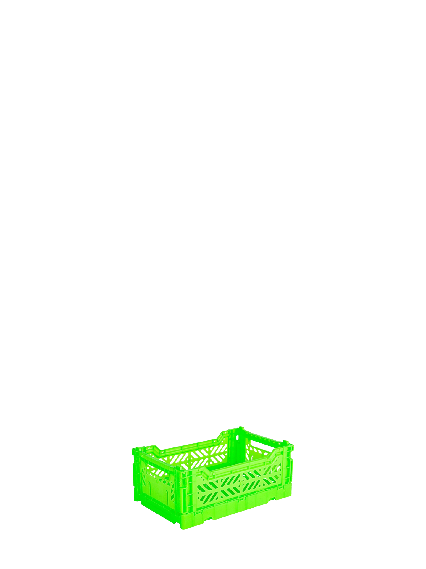 Foldable and stackable Aykasa mini sized crate in neon green.