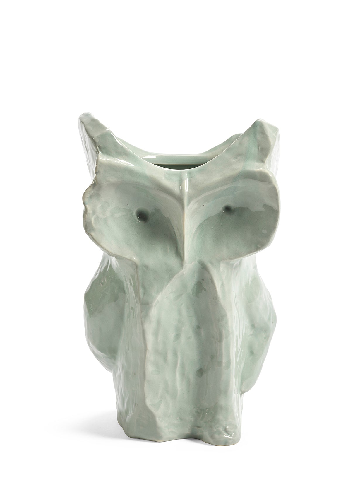 Ceramic owl-shaped vase on a white background