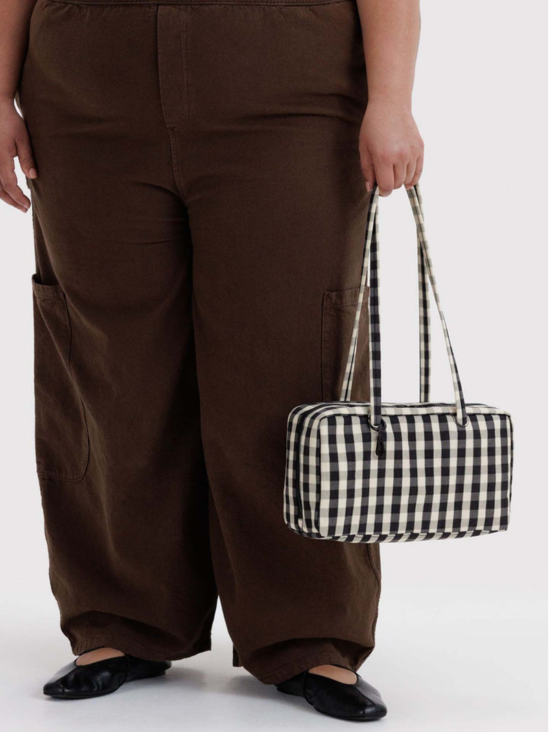 Nylon bowler bag, black & cream gingham