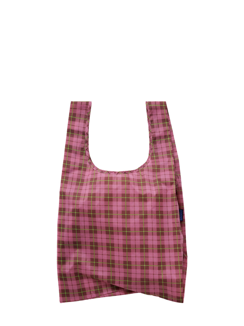 Standard Baggu shopping bag, azalea pink tartan
