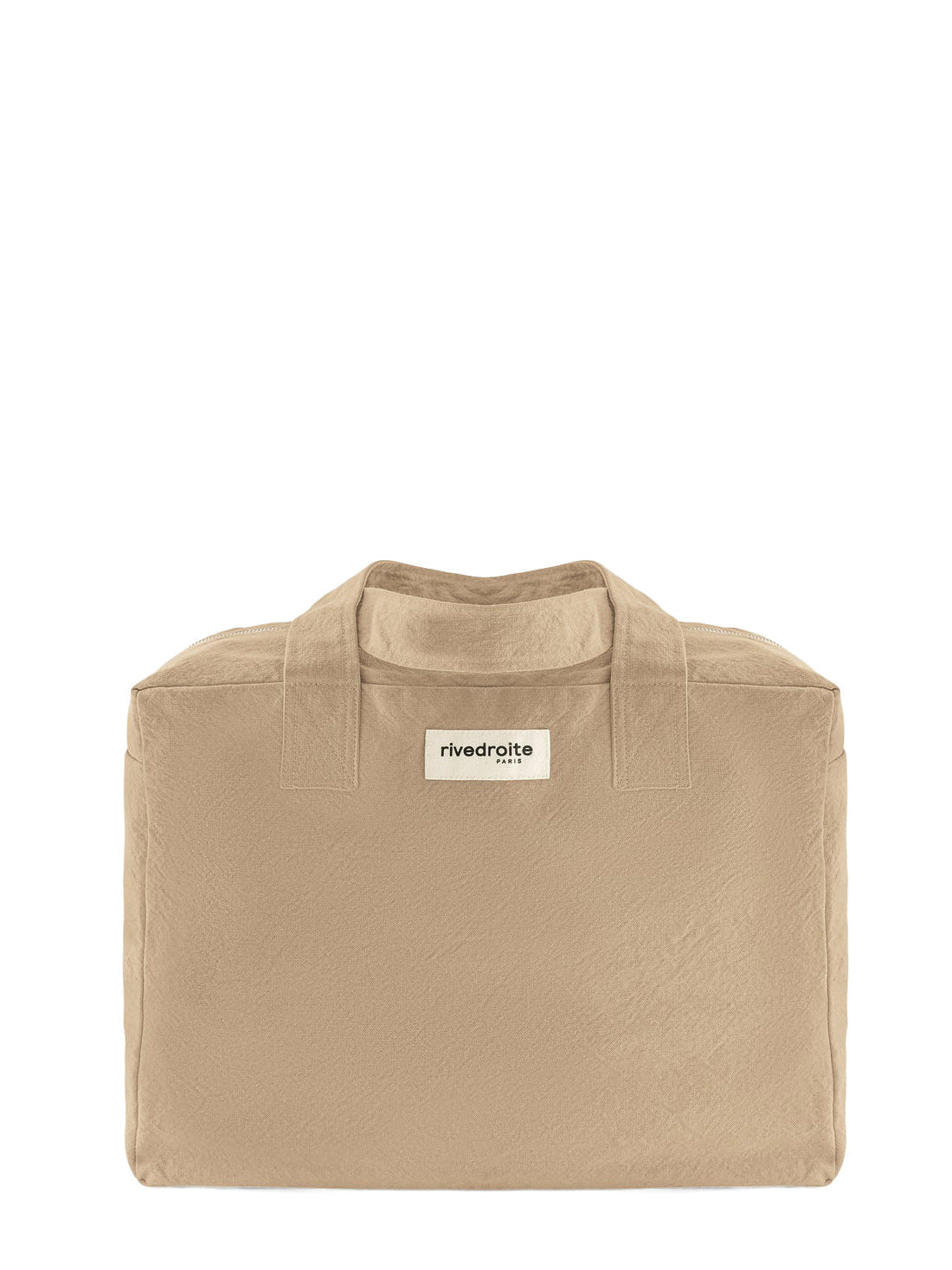 Beige canvas bag with a brand label on a white background